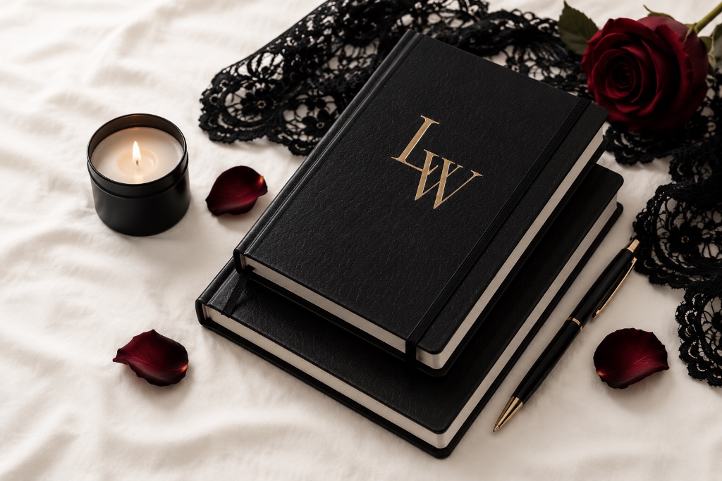 Lena White's writing desk with notebooks, candle, and roses